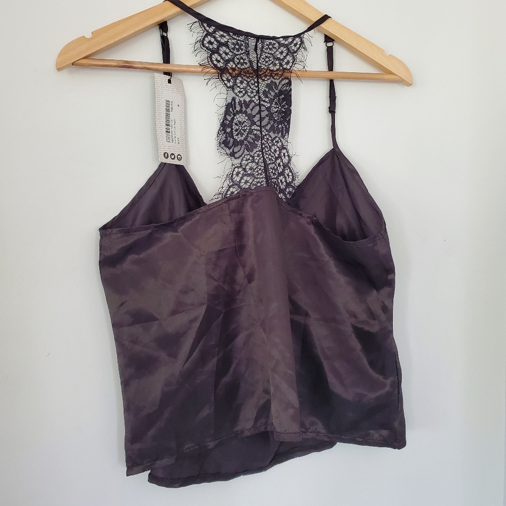 NWT NASTY GAL Sz M Black Silky Cami Top Spaghetti Straps Eyelash Lace T-Back Y2K - Picture 13 of 16